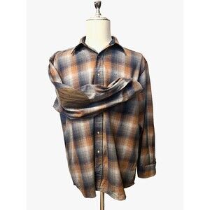 PENDLETON Trail Shirt Mens L Wool Elbow Patches Flannel Blue Brown Plaid Grandpa